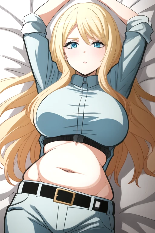 best quality,ultra high res, 1girl,IrinaJelaviÄR4,blonde hair, blue eyes, simple background, midriff, belly button, belt, unbuckled, snapped belt, white suit, both arms up, stretching, laying on bed, chubby belly, full belly, bloated belly, stuffed, 