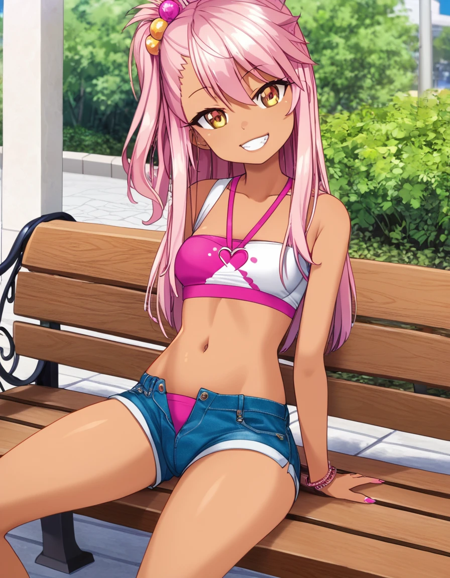 1girl,solo,smile,outdoor,midriff, pink tube top, denim hotpants, open fly, beld, gyaru clothes, thighighs,sitting,bench, chloe,dark_skinned_female,dark_skin,long_hair,pink_hair,yellow_eyes,hair_between_eyes,white_hair,bangs,small_breasts,,half_updo,one_side_up, young girl, ****, slender waist, nice hips, slutty ****, legs slightly spread, cameltoe, bedroom eyes, slutty, pussy peek,