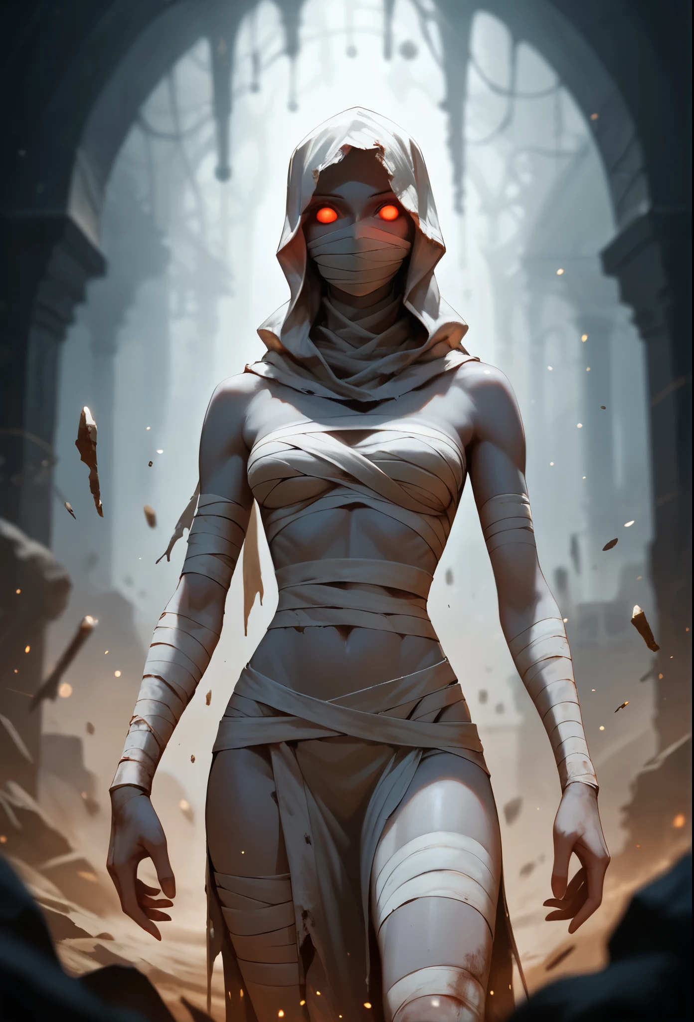 score_9, score_8_up, score_7_up, (masterpiece, UHD, 8K, 16K, ultra detailed), sfw, cowboy shot, 1woman, mummy, (gray skin), glowing red eyes, hollow eyes, tall, (skinny), mummy costume, gauze bandage, cloth, (covered body, covered mouth), horror vibe, dust, inside dark tomb background, dark fantasy, splash art, (depth of field), (bokeh), diffused light, dramatic ambient, low-key lighting 