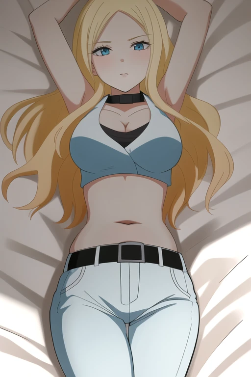 best quality,ultra high res, 1girl,IrinaJelaviÄR4,blonde hair, blue eyes, simple background, midriff, belly button, belt, unbuckled, snapped belt, white suit, both arms up, stretching, laying on bed, chubby belly, full belly, bloated belly, stuffed, muffin top, 