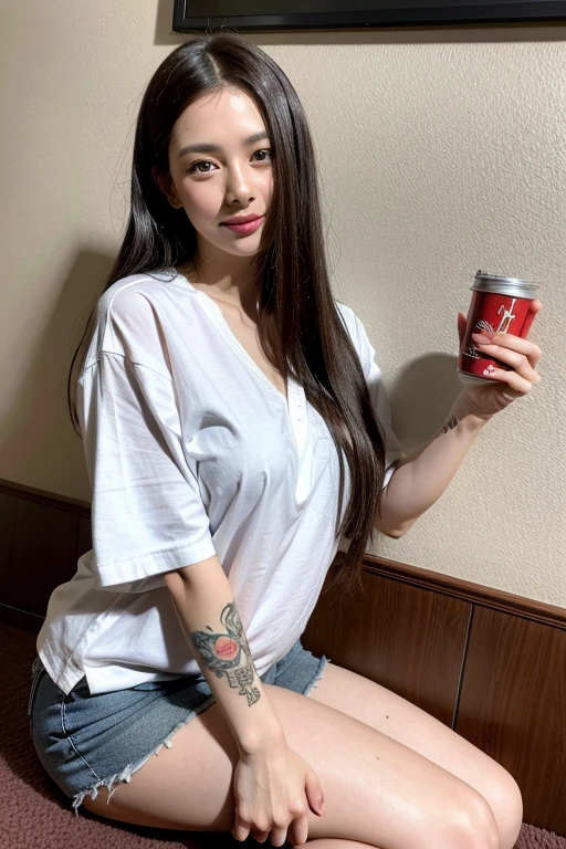 8K, HDR, Realistic, high resolution, 1women, solo, hips up, look at viewer, hands on breast, (detailed face), modelling, brunette hair, long hair, loose oversized shirt, jewelry, belly tattoo, seductive smile, seductive flirty looks,sitting on her knees, drinking coke