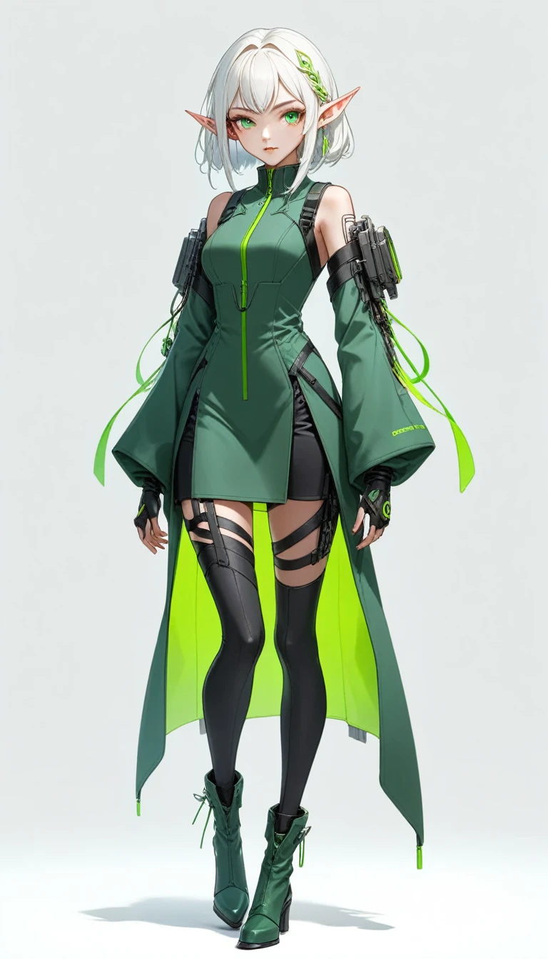 1 elven lady, solo, full body, white bob hair, green eyes, Pointy Ears, cyberpunk costume, simple background