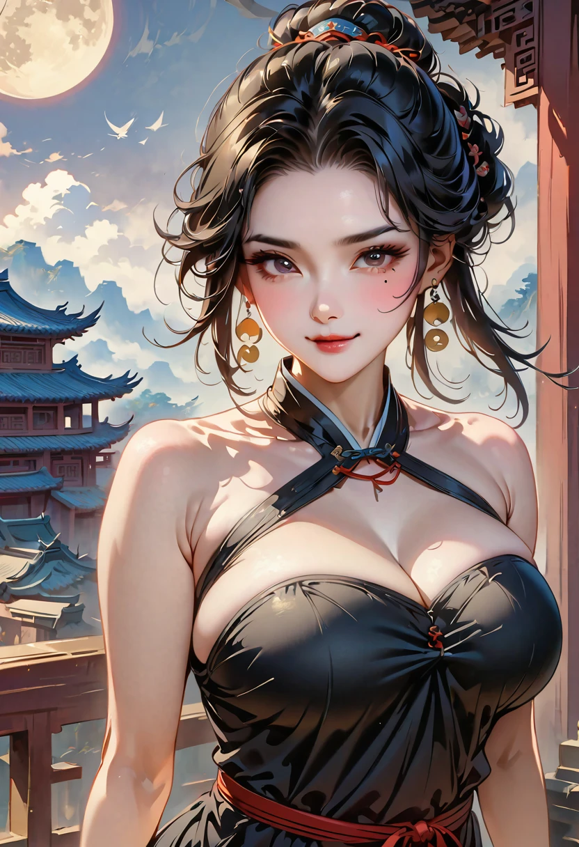 SOLO, A young woman,perfect body,Huge oppai, Wear a tight black nightgown, Armed with a sabre, Chinese martial arts, Standing on the roof of an ancient Chinese building, The moon is shining, crescent earrings, mole under eye, scar across eye, bone hair ornament, light smile, smug, black hair, split ponytail, hair strand, anime, anime style, Cubism, chiaroscuro, drop shadow, UHD, anatomically correct, masterpiece, textured skin, accurate, super detail, best quality, highres, 1080P, 16k