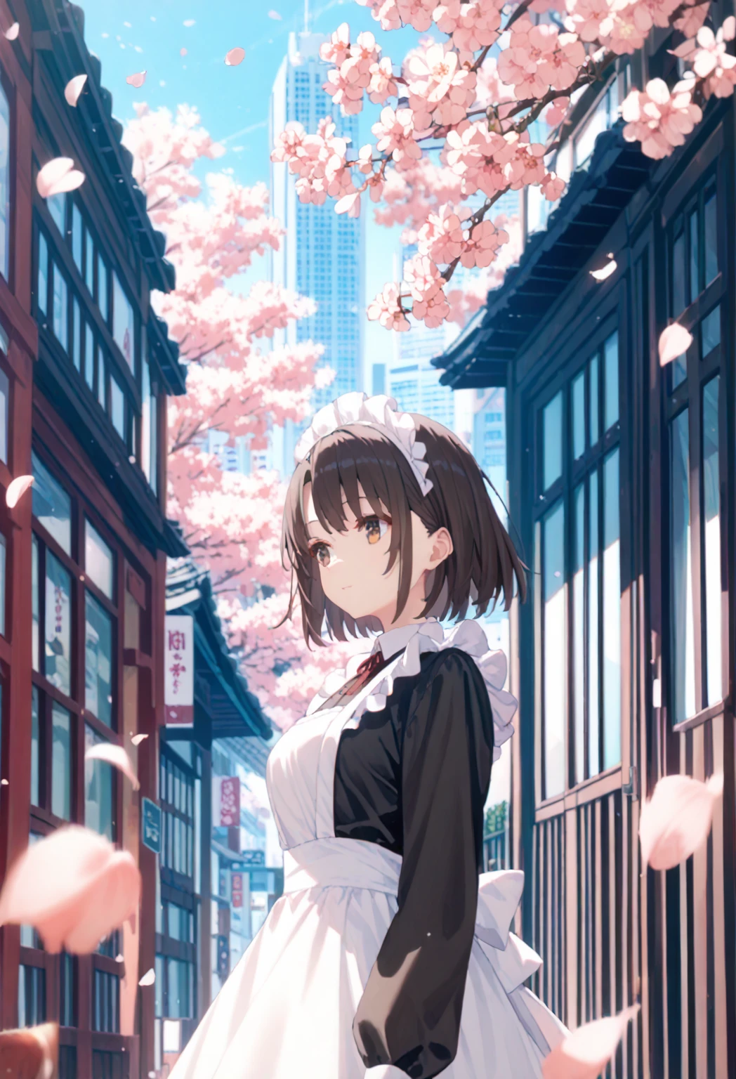 katou megumi, 1girl, solo, bangs, short hair, brown hair, brown eyes, black hair,maid dress,white apron, cherry blossoms,cityscape