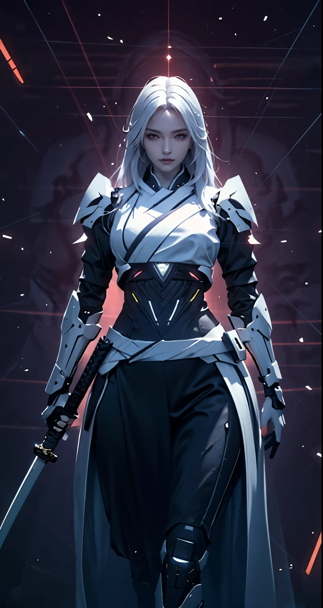 photorealistic, high resolution, soft light,1women, solo, hips up, (detailed face), white long hair, cybersamurai, cyborg, cyberpunk,  cyber armor, holding weapon,glowing,katana, city at night