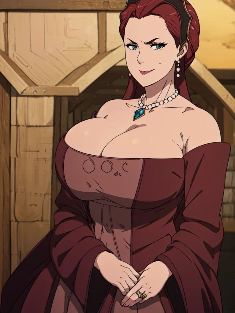 ((Farmer outfit with cleavage)), maroon hair, Gilf, busty, huge, cleavage, detailed, upperbody, wringkle skin,Sagging breast,Fullbody view,wedding ring,Smile,((Wedding Ring)),Detailed body,Hyper Quality,Sign of Aging,Curvy figure,Bloated belly,Skindentation,Wringkle in face,Gorgeous and sultry busty athletic (thin) peasant with sharp facial features wearing a modest updo, messy bun, medieval cap, (wimple), shawl, coarse wool dress, rough-spun grey and brown medieval dress, long sleeves, wide neck, long dress, tight bodice, corset, Middle Ages, cottage, farm, exterior, trees, countryside, evening, sunset,blue drop earring,Wedding ring,slicked bang hair,Solo,1girl,Eyeshadow,Heavy make up