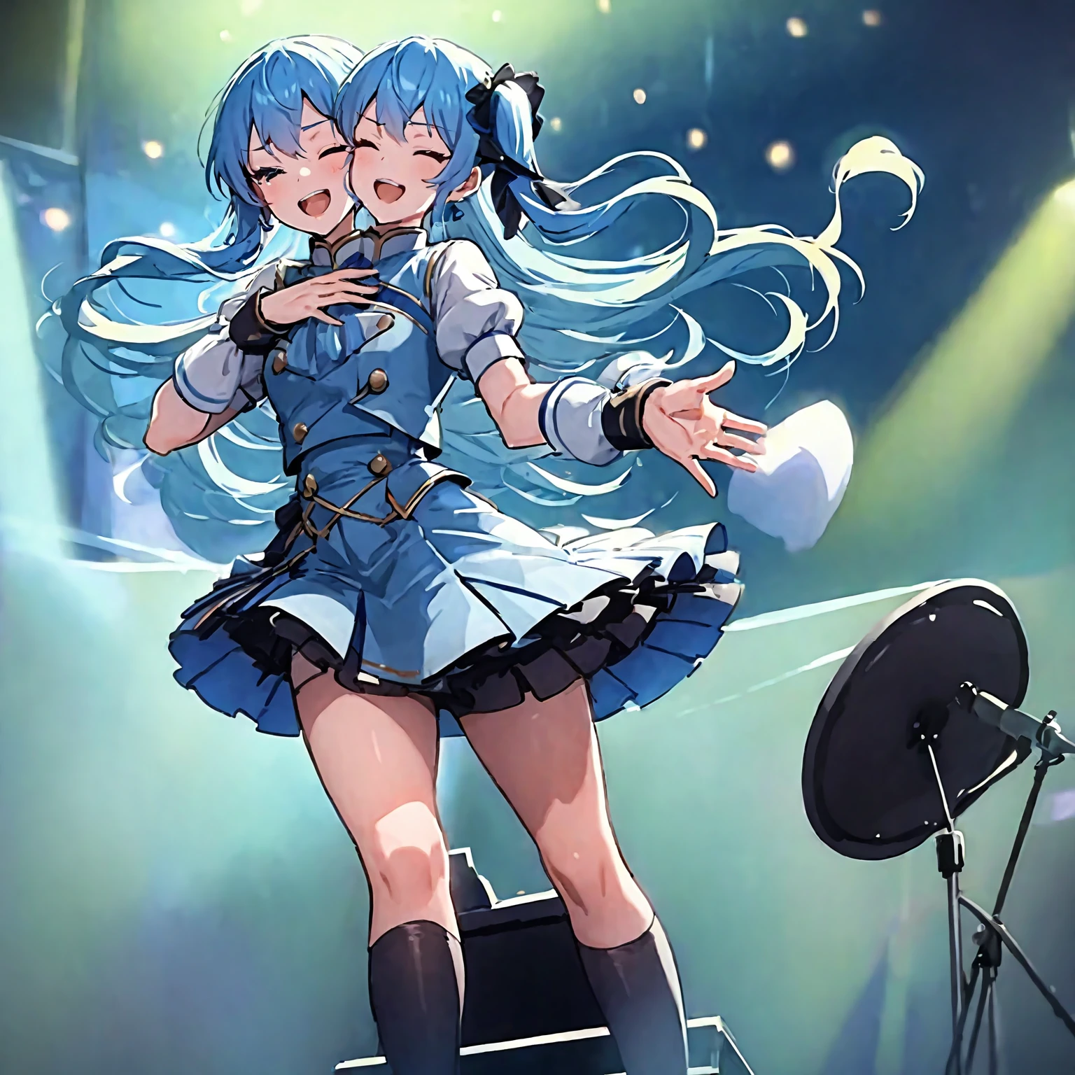 ((masterpiece:1.2)), 1girl, solo, anime, ((2heads:1)), idol singer, teenager, HoshimachiSuisei, side ponytail, blue hair ribbon,  (light blue hair, long hair), (blue clothes, (white clothes), blue skirt, idol clothes, princess clothes, marching band uniform), close up,  ((both hands on chest, both hands holding together, praying hands)), black pantyhoses, (eyes closed), calm, focus, (cheek-to-cheek), singing, ((standing straight)), (mouth open bigger), concert stage, blue spotlight, blue brighter staeld background, wind blowing, 