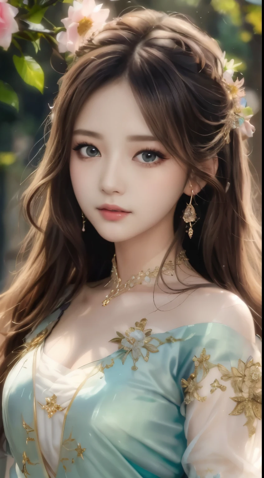 best qualtiy，tmasterpiece，A high resolution，1girll，Dingdall effect，realisticlying，edge lit，twotonelighting，（highdetailskin：1.2），8K  UHD，Pure，Sweet，Flower background，Colorful background，Based on physical rendering，Perfect light and shadow，extreme hight detail，Pink tones，Eye reflections，Raised sexy，perfect bodies，Superb beauty，largeeyes，long eyelasher，Delicate eyes，large shiny eyes，Minor pupillary reflexes，Shoulder and neck details，The pupil texture is delicate，Perfect eyes，Black pupils，best qualtiy，tmasterpiece，16k，A picture，head portrait，Bigchest，longer sleeves，Take care of your chest，Large breasts，Delicate avatar