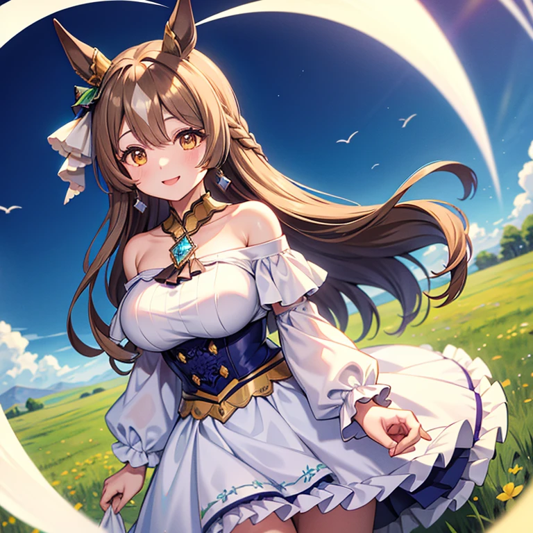 (( best quality )), ((masterpiece)), ( Details), Satono Diamond、Uma Musume
Long hair 、 half up 、 Had、 hair between eyes 、 animal ears 、earrings、Horse tail、Large Breasts、smile、
( white off-shoulder dress)、
Beautiful grassland、８k
