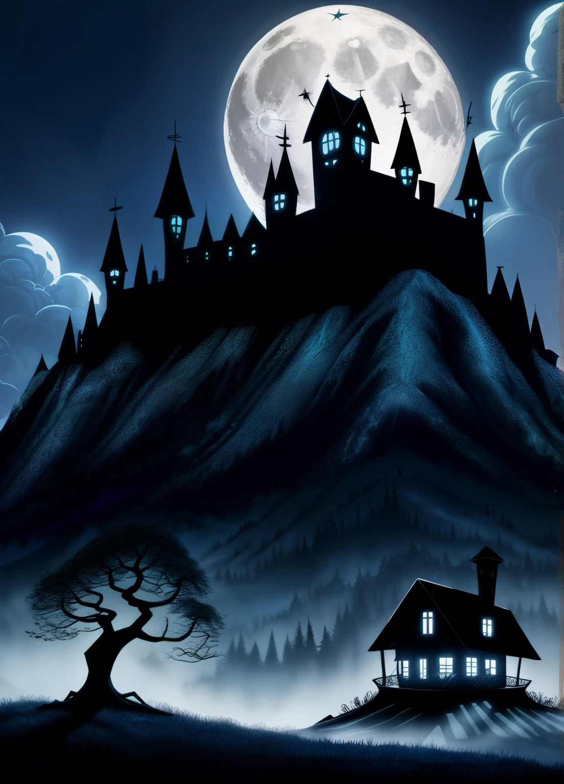 enchanted villagge, enchanted forest, the full moon rises from behind the hills, moon  night sky, halloween nught 