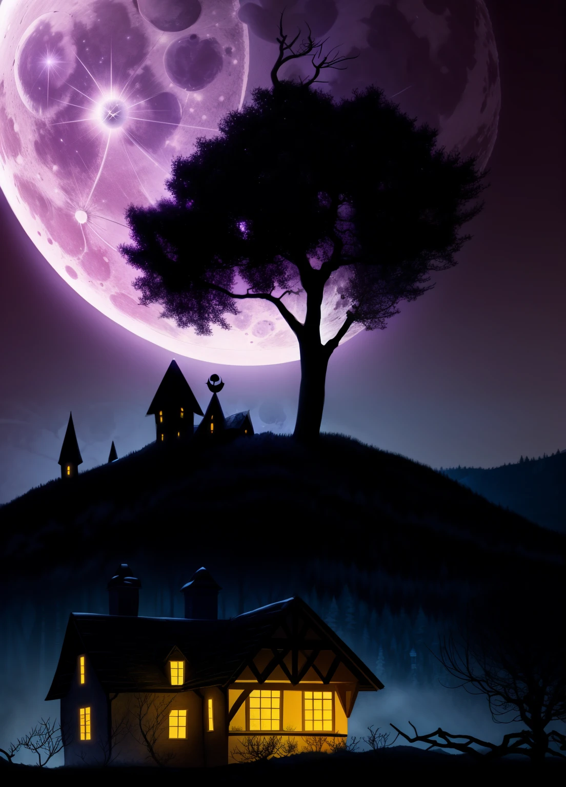 enchanted villagge, enchanted forest, the full moon rises from behind the hills, moon  night sky, halloween nught 