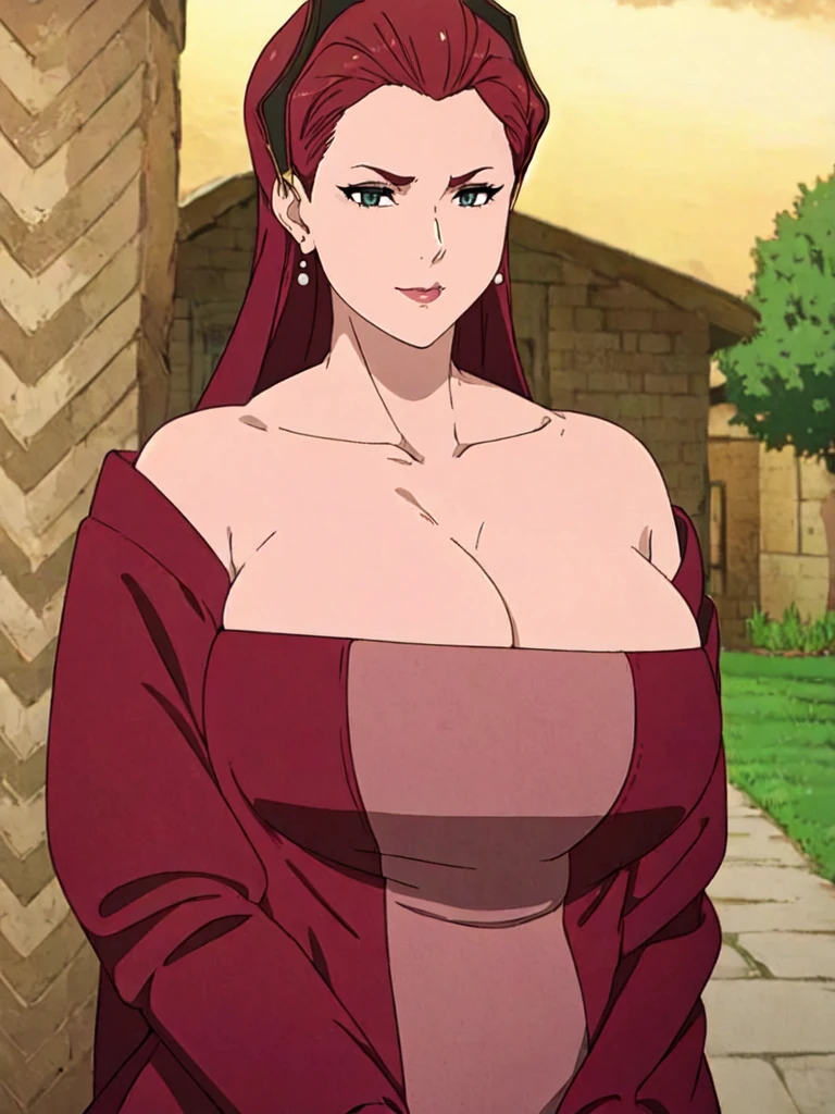 ((Farmer outfit with cleavage)), maroon hair, Gilf, busty, huge, cleavage, detailed, upperbody, wringkle skin,Sagging breast,Fullbody view,wedding ring,Smile,((Wedding Ring)),Detailed body,Hyper Quality,Sign of Aging,Curvy figure,Bloated belly,Skindentation,Wringkle in face,Gorgeous and sultry busty athletic (thin) peasant with sharp facial features wearing a modest updo, messy bun, medieval cap, (wimple), shawl, coarse wool dress, rough-spun grey and brown medieval dress, long sleeves, wide neck, long dress, tight bodice, corset, Middle Ages, cottage, farm, exterior, trees, countryside, evening, sunset,blue drop earring,Wedding ring,slicked bang hair,Solo,1girl,Eyeshadow,Heavy make up,Long nail,Many jewel rings,Madam,Matured women