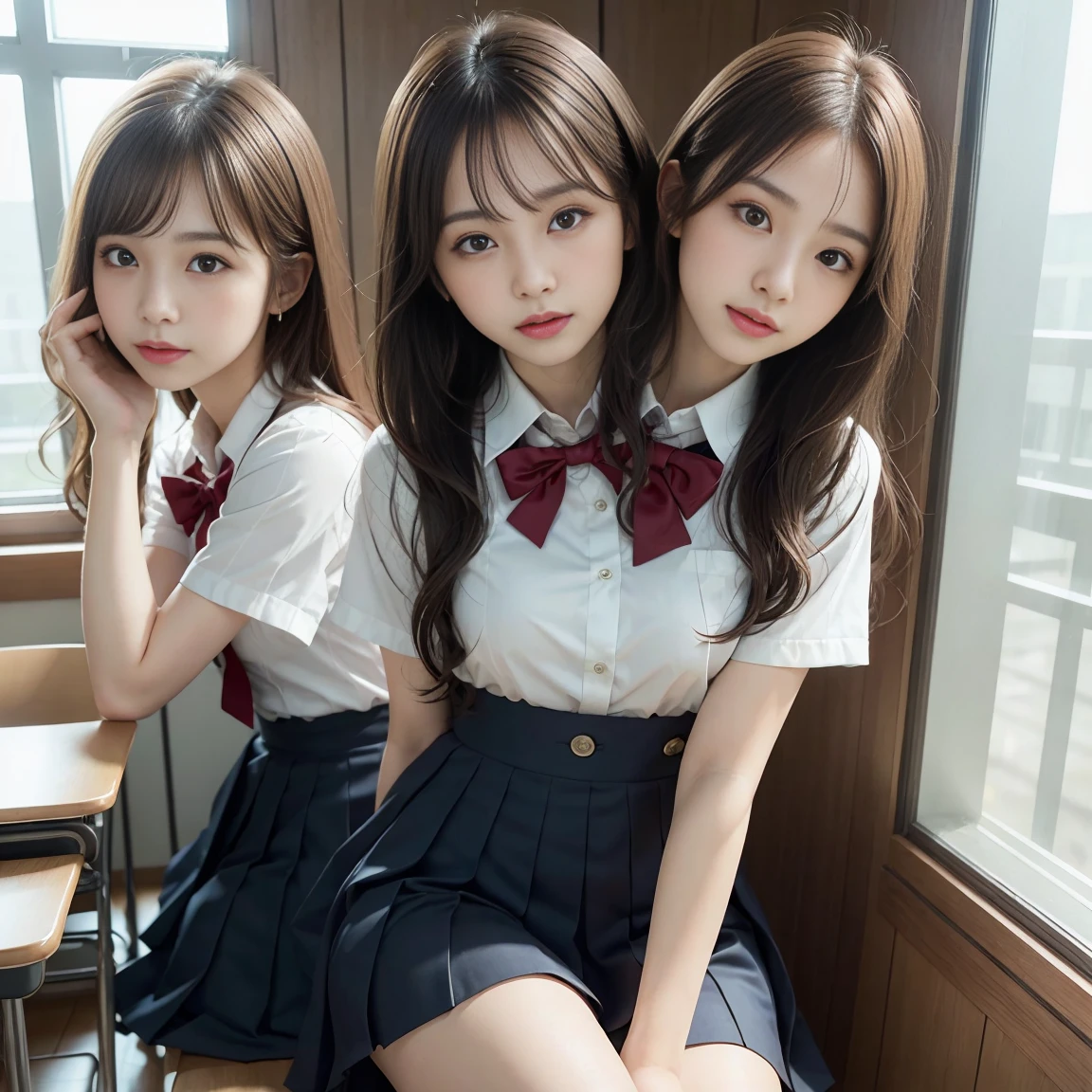 Masterpiece, Best quality, Realistic, Real, incredibly_absurderes, the wallpaper, 3girl, cheer leader, Long hair, Brown hair, Pink hair, Wavy hair, Small breasts, seifuku, school uniform, Shorts under the skirt, white thighhighs, Earrings, pendant, half gloves ,