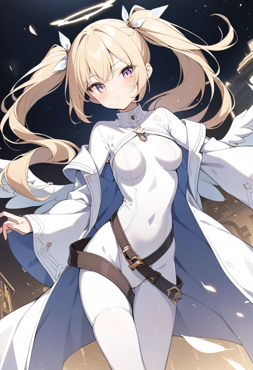 1girl, angel wings,white bodysuit,white leotard,stockings,blondhair,robe,,medium breasts,belt,twintail,