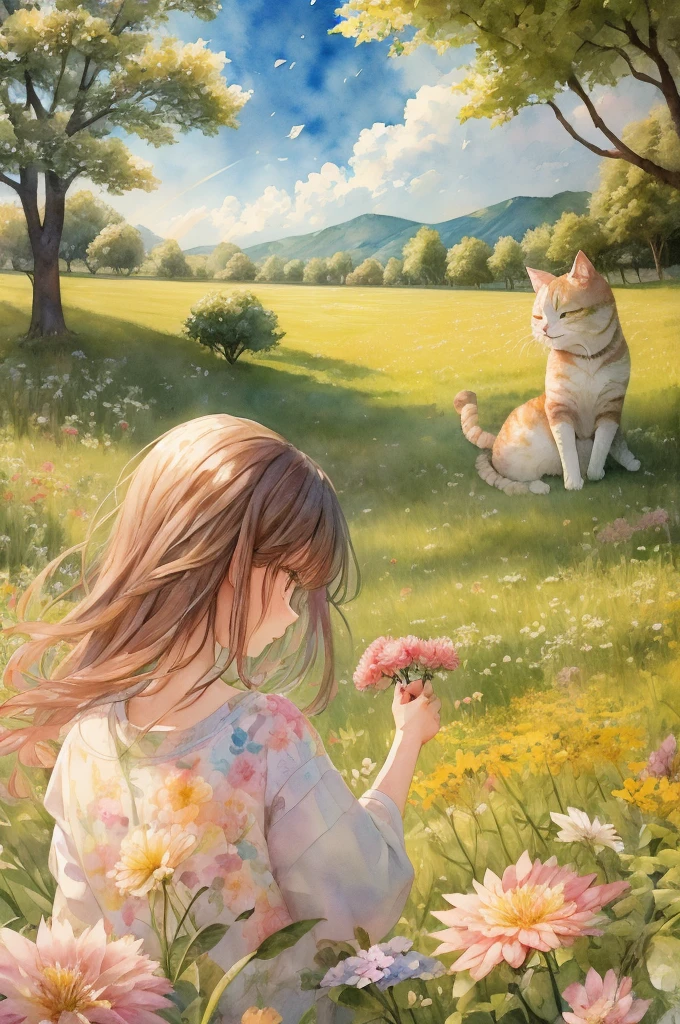 Watercolor on textured paper, anime-style. Features a large cat and a girl gazing up at blooming flowers in a sunny meadow within a forest. Morning summer light illuminates the scene. Flowers, plants, and a rainbow in the background add to the whimsy. Inspired by Bernard D'Andrea.