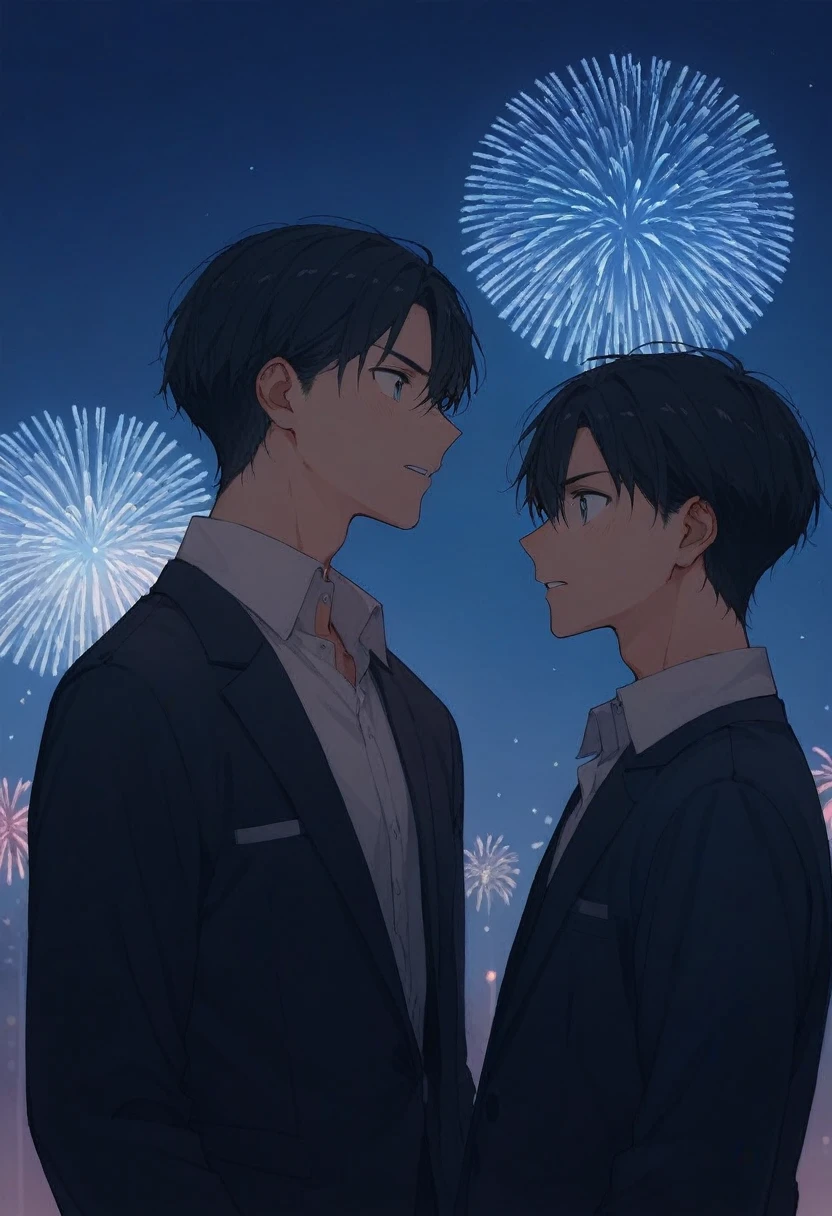 There are two men A and B 。A tall blond teacher with a manly face is B is a black-haired high school student's forbidden love 。The situation is a first date between men 。 scene where the teacher bows to the students with fireworks in the background and confesses love。High quality anime illustration 。 The colors are dramatic production that emphasizes contrast 。