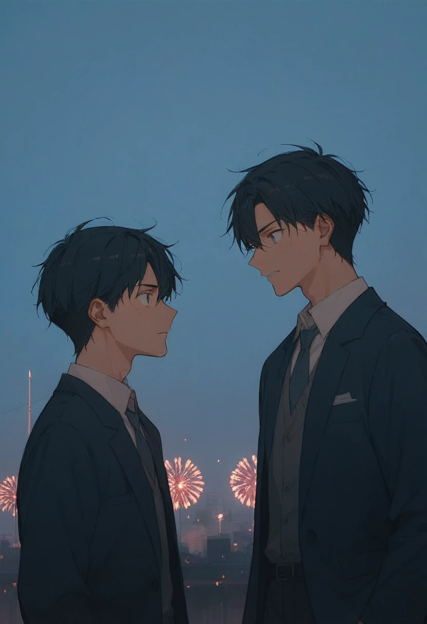 There are two men A and B 。A tall blond teacher with a manly face is B is a black-haired high school student's forbidden love 。The situation is a first date between men 。 scene where the teacher bows to the students with fireworks in the background and confesses love。High quality anime illustration 。 The colors are dramatic production that emphasizes contrast 。