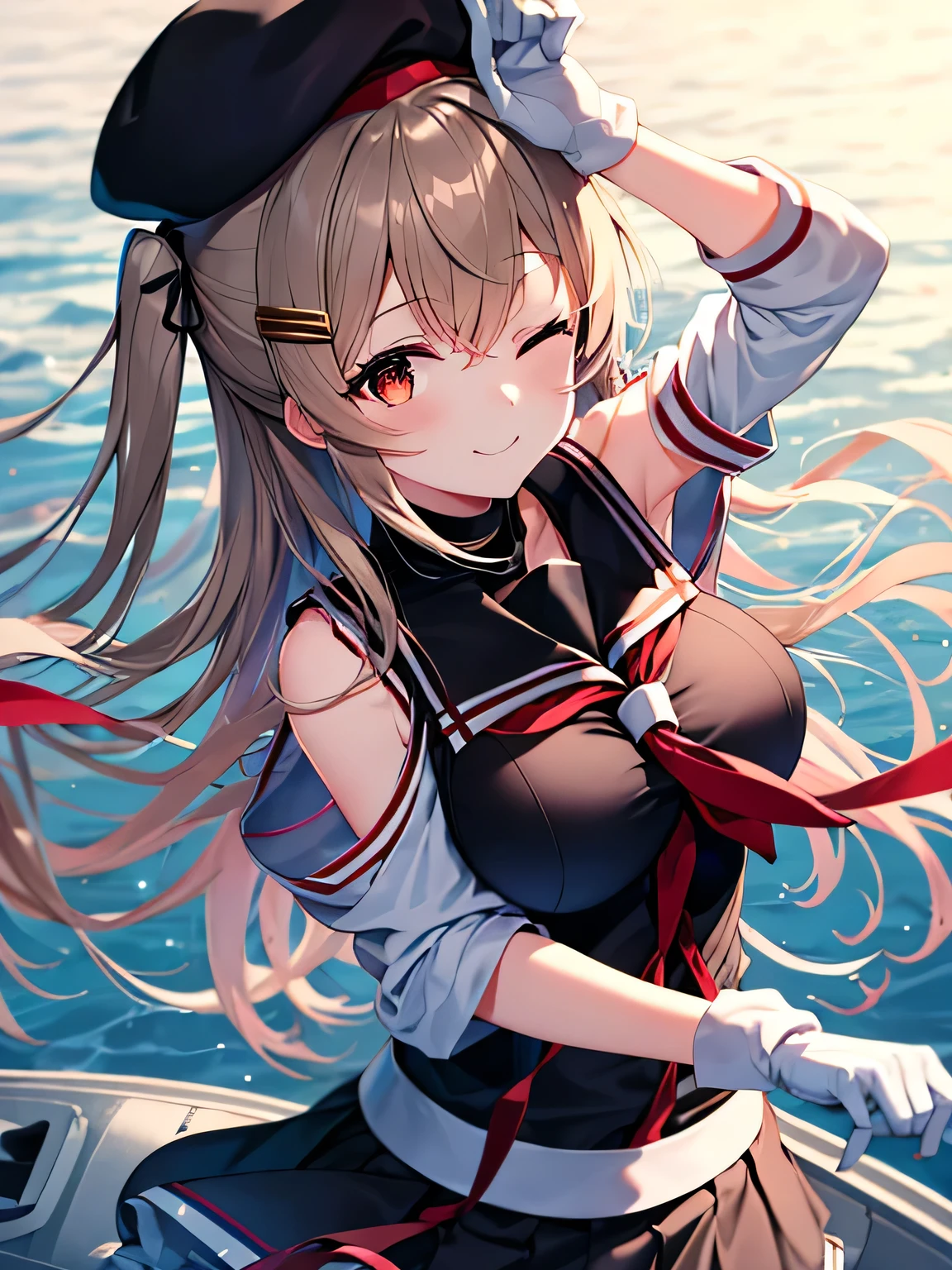 highres, (masterpiece), best quality, bbmurasa, long hair, two side up, hair flaps, hairclip, hat, black headwear, heterochromia, red eyes, brown eyes, white sailor collar, red neckerchief, black shirt, detached sleeves, large breasts, white gloves, black skirt, garter straps, outdoors, mischievous smile, holding chain, one eye closed, one arm up, close-up, standing on water surface, sea, (turret:1.2), (rigging)