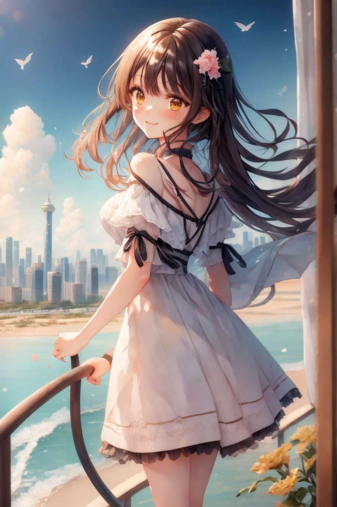 Animated smiling girl in a dress standing on a hill overlooking the city、 more beautiful than Kiraアートワーク、Anime Style 4K、 more beautiful than Kira、 Beautiful Artwork Illustration 、 Anime Art Wallpaper 4K 、anime art wallpaper 4k、 Anime Art Wallpaper 8K 、 more beautiful than Kiraアート、Digital anime illustration、 more beautiful than Kiraアートスタイル、Anime style digital art、Makoto Shinkai Cyril Roland。