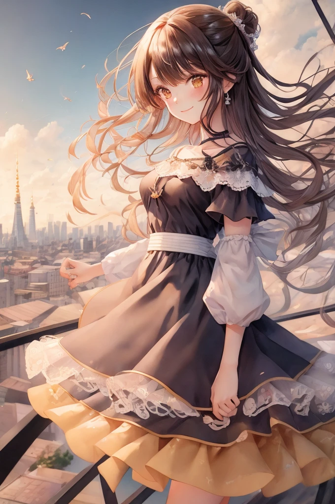 Animated smiling girl in a dress standing on a hill overlooking the city,  more beautiful than Kiraアートワーク, Anime Style 4K,  more beautiful than Kira,  Beautiful Artwork Illustration ,  Anime Art Wallpaper 4K ,  Anime Art Wallpaper 4K ,  Anime Art Wallpaper 8K ,  more beautiful than Kiraアート, Digital anime illustration,  more beautiful than Kiraアートスタイル, Anime style digital art, Shinkai Makoto Cyril Roland