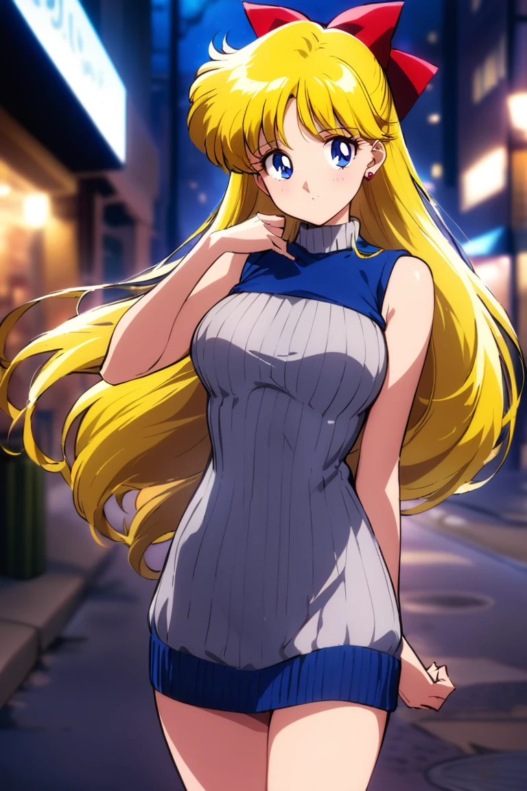 masterpiece, best quality, very aesthetic, absurdres, aavenus, long hair, blonde hair, hair bow, blue eyes, earrings, ribbed sweater, sweater dress, sleeveless, turtleneck, night, street, standing, cowboy shot,