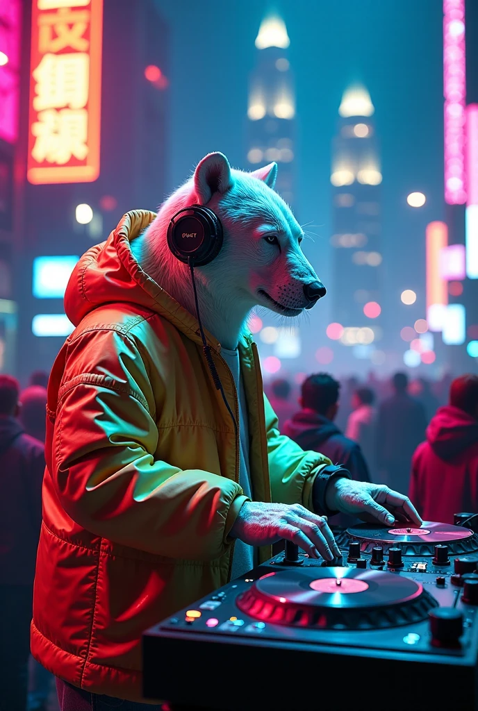 ((Cyberpunk style)), High-tech city, Mechanical enhancement, (High-tech fantasy), Robotics, Blade Runner 2049, A polar bear that looks like a human stands at the DJ booth, expertly manipulating the turntables. The bear wears a colorful hood, headphones, and a colorful cap. The background is a dance hall in a high-tech city. This is a wide shot shot with a wide angle lens. No confusing depictions. No confusing humatomy.y.