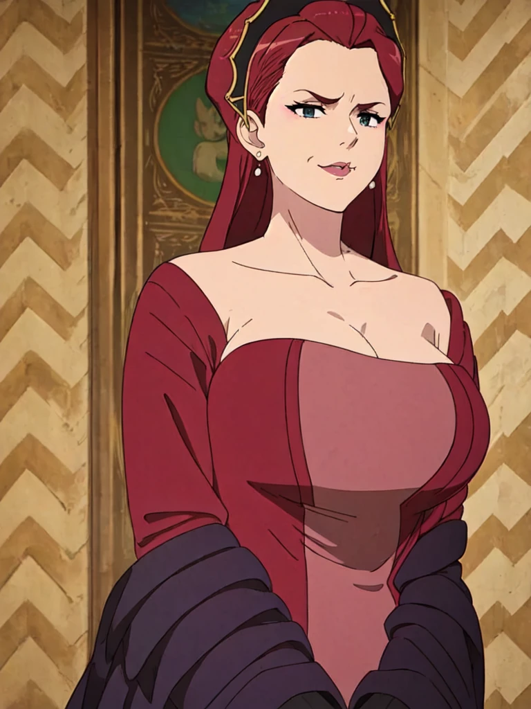 ((Farmer outfit with cleavage)), maroon hair, Gilf, busty, huge, cleavage, detailed, upperbody, wringkle skin,Sagging breast,Fullbody view,wedding ring,Smile,((Wedding Ring)),Detailed body,Hyper Quality,Sign of Aging,Curvy figure,Bloated belly,Skindentation,Wringkle in face,Gorgeous and sultry busty athletic (thin) peasant with sharp facial features wearing a modest updo, messy bun, medieval cap, (wimple), shawl, coarse wool dress, rough-spun grey and brown medieval dress, long sleeves, wide neck, long dress, tight bodice, corset, Middle Ages, cottage, farm, exterior, trees, countryside, evening, sunset,blue drop earring,Wedding ring,slicked bang hair,Solo,1girl,Eyeshadow,Heavy make up,Long nail,Many jewel rings,Madam,Matured women