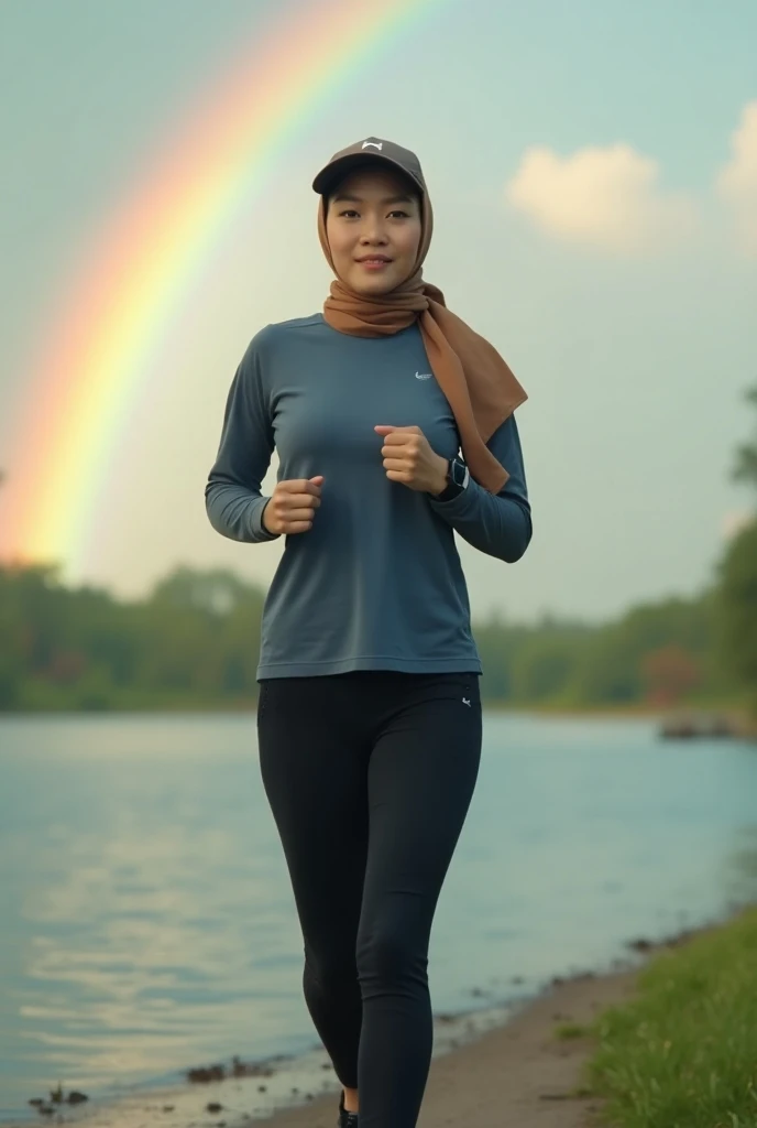 one girl, Malay, stunningly beautiful Malay actress, model body, wearing a long sleeves running tee, hijab, running tights, sweating, running at a park, looking at viewer, smiling, full body shot, professionally taken