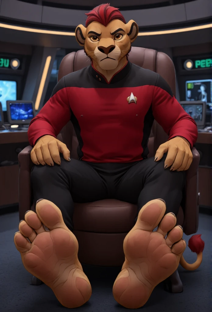 (((Barefoot furry character, full body, cinematic setting, furry boy, anthro lion, plantigrade))), (((anime))). beefy, muscular (((Kion))), (((younger Kion wearing red TNG uniform))), black shoulders, black pants, focused, determined, ((nice detailed feet paws with claws))), (((four toes))), short red hair, red tip of a tail, (((correct anatomy))) (((sitting in captain chair in command center of starship, bridge of the starship))), (((showing his soles to viewer))), (((bottoms of feet towards viewer))), (((soles with pawpads towards viewer))) . BREAK, intricate details, highly detailed, extreme detail, octane render, fine art, best quality, highres, (detailed face:1.5), ((full_body)), UHD, (((perfect hands))), ((low light:1.5))