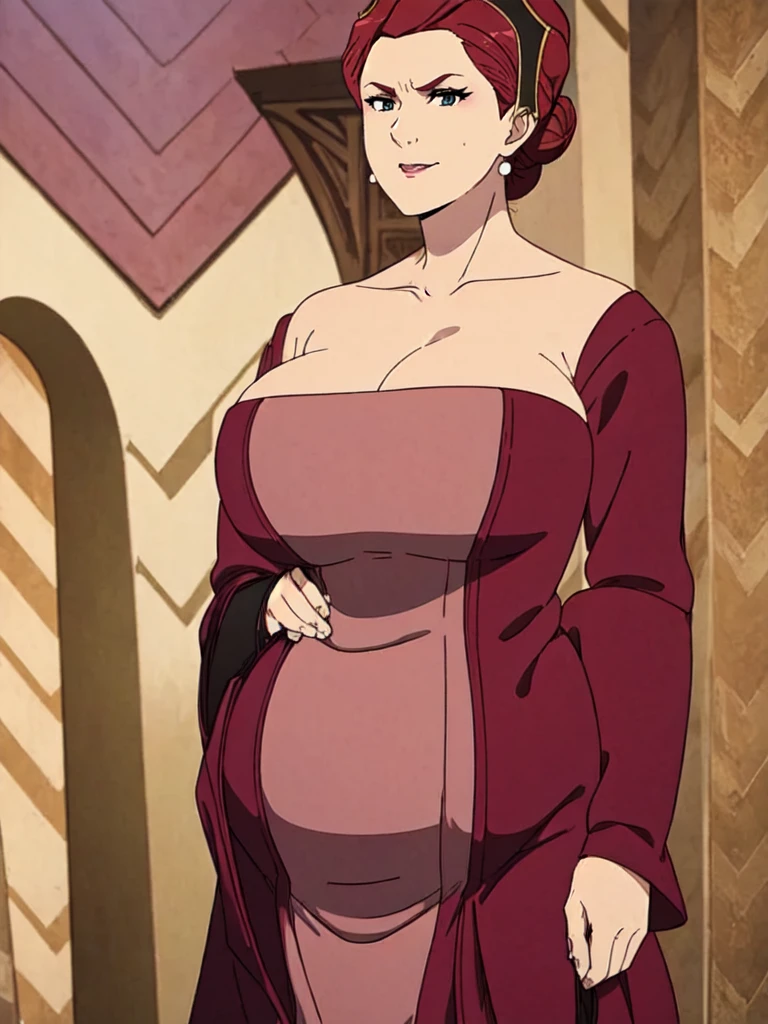 ((Farmer outfit with cleavage)), maroon hair, Gilf, busty, huge, cleavage, detailed, upperbody, wringkle skin,Sagging breast,Fullbody view,wedding ring,Smile,((Wedding Ring)),Detailed body,Hyper Quality,Sign of Aging,Curvy figure,Bloated belly,Skindentation,Wringkle in face,Gorgeous and sultry busty athletic (thin) peasant with sharp facial features wearing a modest updo, messy bun, medieval cap, (wimple), shawl, coarse wool dress, rough-spun grey and brown medieval dress, long sleeves, wide neck, long dress, tight bodice, corset, Middle Ages, cottage, farm, exterior, trees, countryside, evening, sunset,blue drop earring,Wedding ring,slicked bang hair,Solo,1girl,Eyeshadow,Heavy make up,Long nail,Many jewel rings,Madam,Matured women