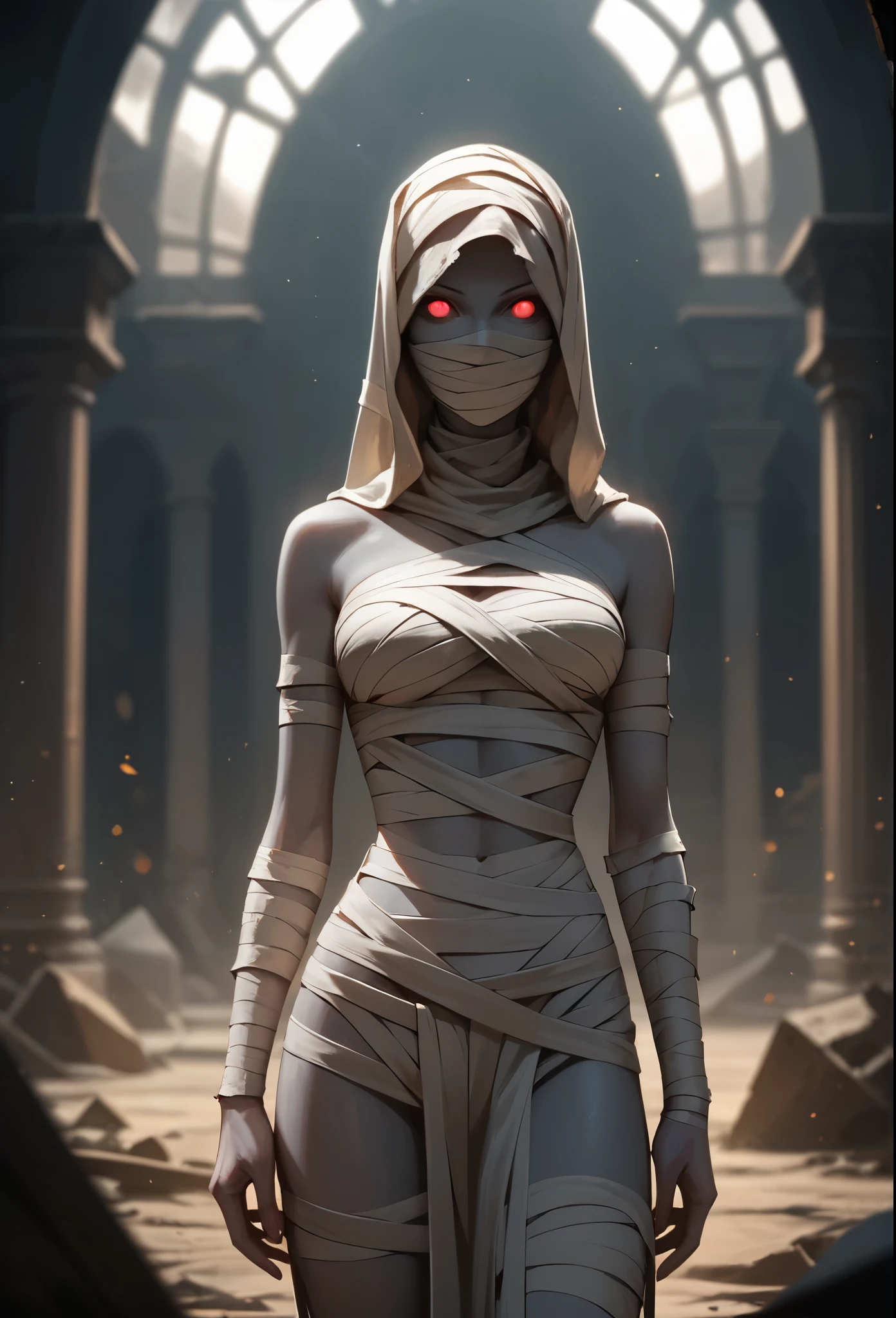 score_9, score_8_up, score_7_up, (masterpiece, UHD, 8K, 16K, ultra detailed), sfw, cowboy shot, 1woman, mummy, (gray skin), glowing red eyes, hollow eyes, tall, (skinny), mummy costume, gauze bandage, cloth, (covered body, covered mouth), horror vibe, dust, inside dark tomb background, dark fantasy, splash art, (depth of field), (bokeh), diffused light, dramatic ambient, low-key lighting 