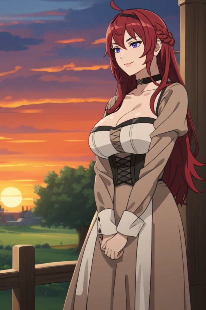 best quality, (masterpiece:1.2), detailed,
1girl, solo, smile,
long hair, red hair, purple eyes, Big breast,Cleavage,Chocker,Curl hair, Gorgeous and sultry busty athletic (thin) peasant with sharp facial,rough-spun grey and brown medieval dress, long sleeves, wide neck, long dress, tight bodice, corset, Middle Ages, cottage, farm, exterior, trees, countryside, evening, sunset,red Lipstic,Wedding ring