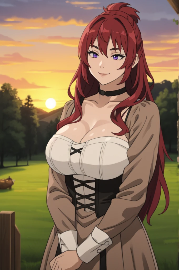 best quality, (masterpiece:1.2), detailed,
1girl, solo, smile,
long hair, red hair, purple eyes, Big breast,Cleavage,Chocker,Curl hair, Gorgeous and sultry busty athletic (thin) peasant with sharp facial,rough-spun grey and brown medieval dress, long sleeves, wide neck, long dress, tight bodice, corset, Middle Ages, cottage, farm, exterior, trees, countryside, evening, sunset,red Lipstic,Wedding ring