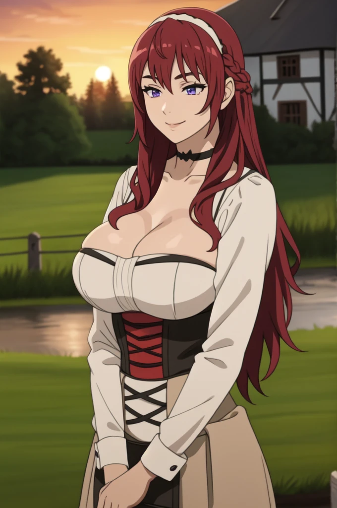 best quality, (masterpiece:1.2), detailed,
1girl, solo, smile,
long hair, red hair, purple eyes, Big breast,Cleavage,Chocker,Curl hair, Gorgeous and sultry busty athletic (thin) peasant with sharp facial,rough-spun grey and brown medieval dress, long sleeves, wide neck, long dress, tight bodice, corset, Middle Ages, cottage, farm, exterior, trees, countryside, evening, sunset,red Lipstic,Wedding ring