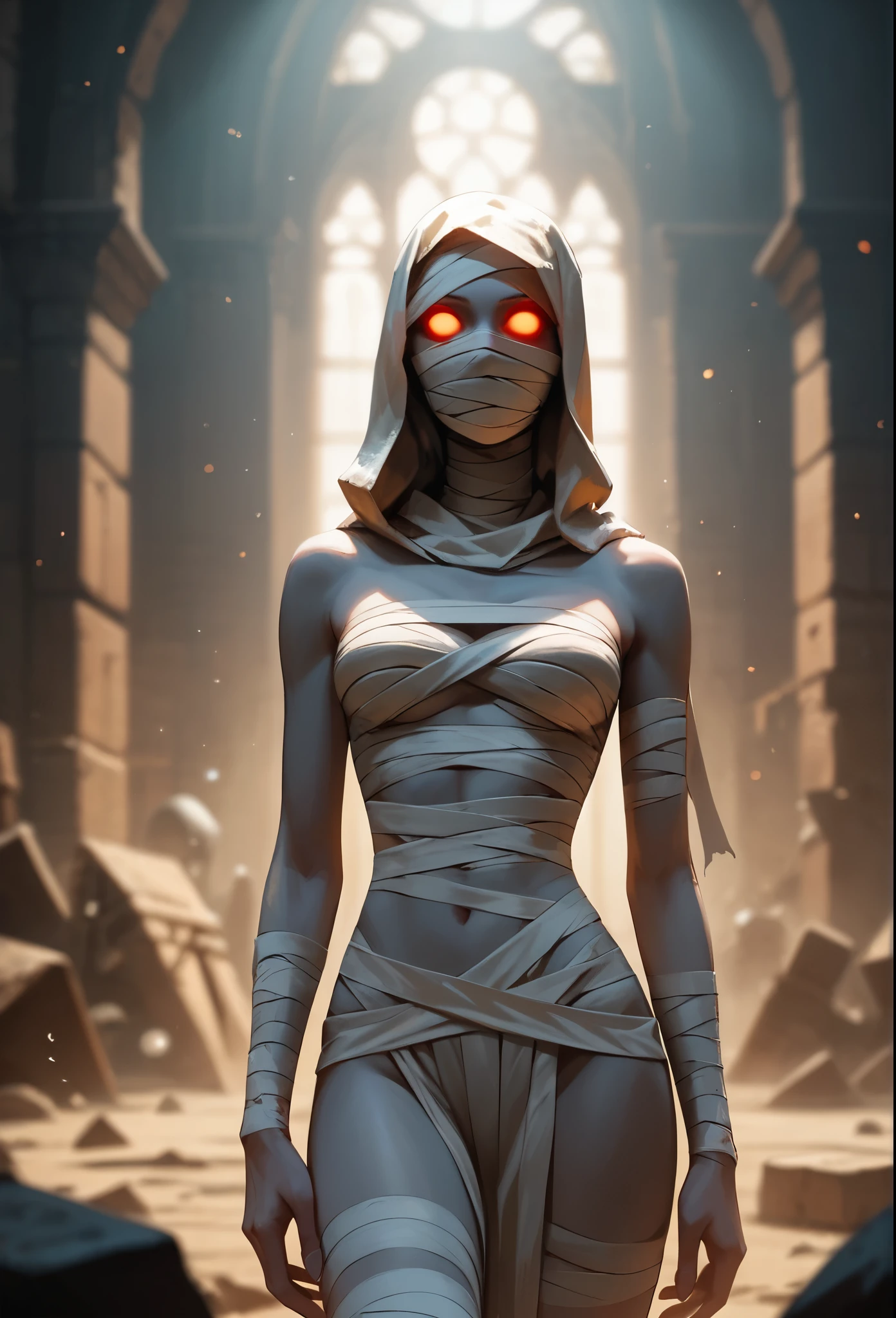 score_9, score_8_up, score_7_up, (masterpiece, UHD, 8K, 16K, ultra detailed), sfw, cowboy shot, 1woman, mummy, (gray skin), glowing red eyes, hollow eyes, tall, (skinny), mummy costume, gauze bandage, cloth, (covered body, covered mouth), horror vibe, dust, inside dark tomb background, dark fantasy, splash art, (depth of field), (bokeh), diffused light, dramatic ambient, low-key lighting 