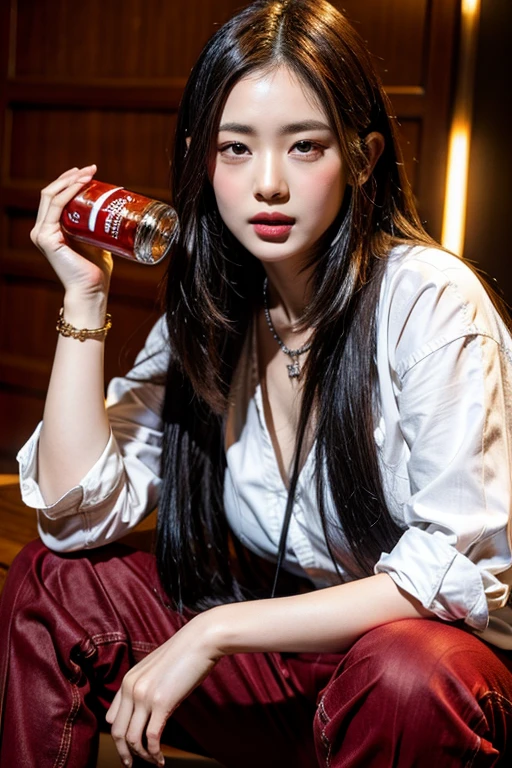 8K, HDR, Realistic, high resolution, 1women, solo, hips up, look at viewer, hands on breast, (detailed face), modelling, brunette hair, long hair, loose oversized shirt, jewelry, belly tattoo, seductive smile, seductive flirty looks,sitting on her knees, drinking coke