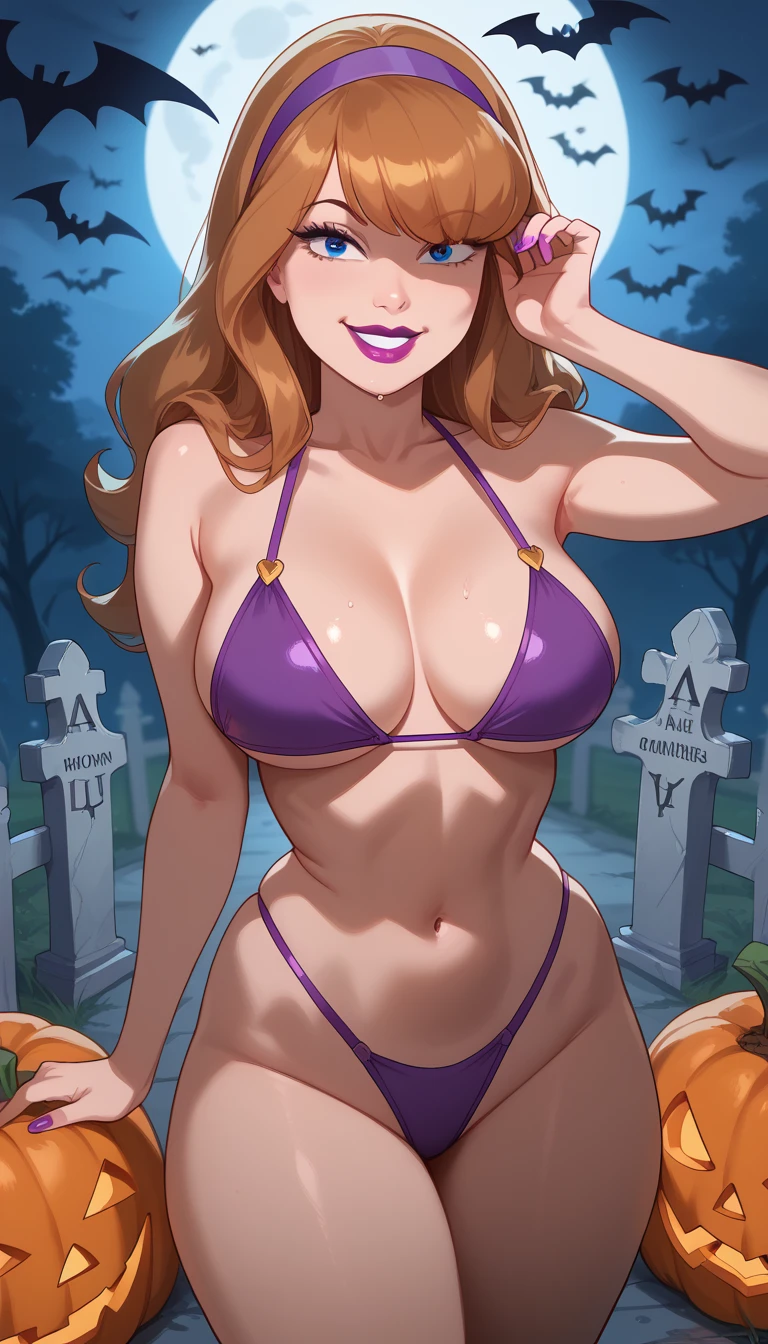 perfect selfie , Daphne Blake, purple bikini, long hair,((hair covers one eye)),blue eyes, smile,,windy,thick thighs,  BIG BREASTS, vibrant colors , cemetery in the background  ,wet,   lipstick and lip gloss  ,  cinematic highlight,clima Halloween ,smile