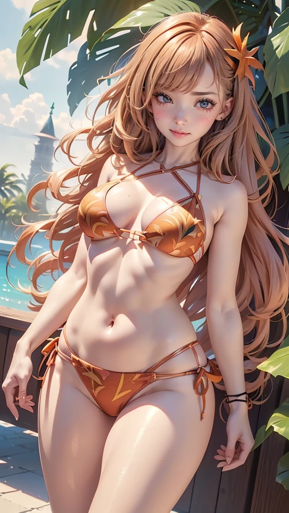 masterpiece, rich colors, Best quality, detailed, high resolution, Hyper quality, high detail, , high quality, detailing, skinny sexy girl on the beach , bright lighting , green eyes, Anime, palm trees, bright lighting, redhead,