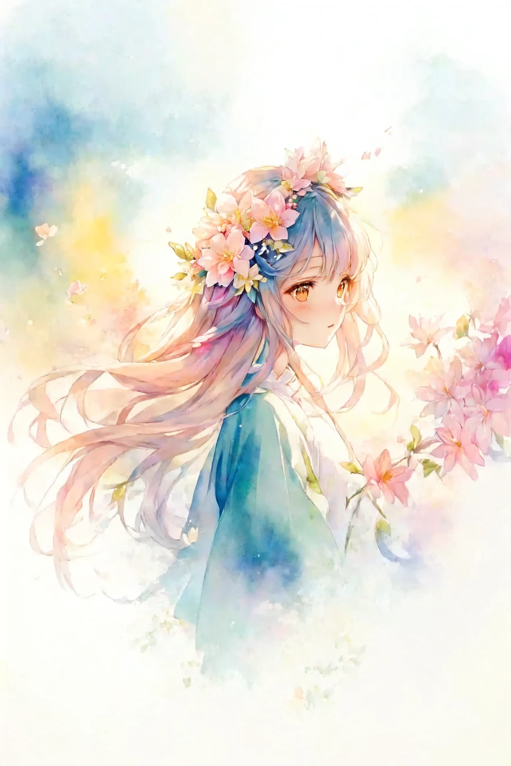 anime girl with flowers in her hair, beautiful anime, beautiful anime portrait, beautiful anime girl, beautiful anime artwork, beautiful anime art, beautiful anime style, profile of anime girl, beautiful anime art style, anime illustration, goddess of spring, ethereal anime, soft anime illustration, beautiful fantasy anime, pretty anime girl, young anime girl, beautiful anime woman,