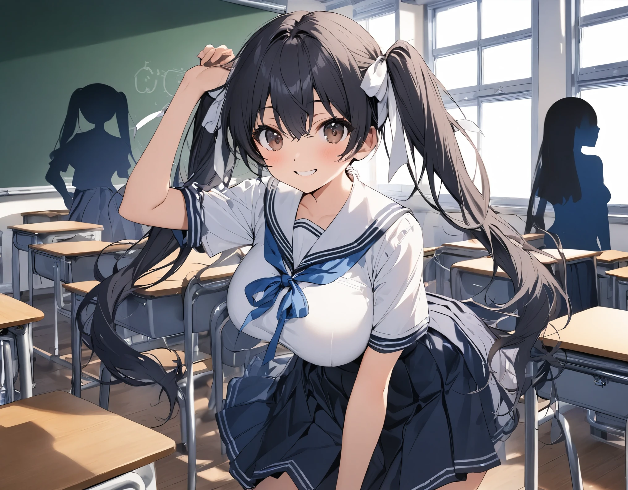 The background is a school classroom in front of a blackboard with desks, chairs, and windows arranged in the same direction, a dark blue high school girl with dark hair :1.3( twin tails:1.3)A dark blue high school girl with middle hair, brown eyes, large white ribbon breasts, and large :1.2 thick legs for summer(White collar:1.3)Short-sleeved white summer sailor suit :1.Navy blue wearing 3 :1. 3 high school girl in a dark blue pleated skirt and she is smiling happily surrounded by multiple classmates ((My classmate is a dark blue high school girl with a silhouette expression :1.3))