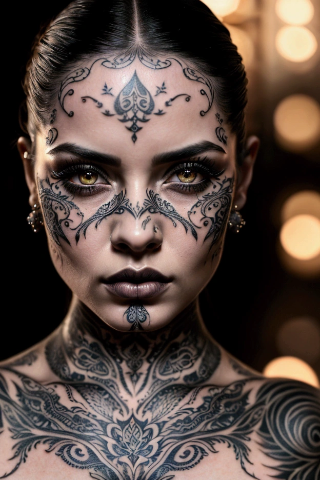 a woman with intricate tattoos, detailed tattoo on her chest, beautiful detailed eyes, beautiful detailed lips, extremely detailed face, long eyelashes, elegant pose, dramatic lighting, photorealistic, hyper detailed, cinematic lighting, vibrant color palette, moody atmosphere, chiaroscuro lighting