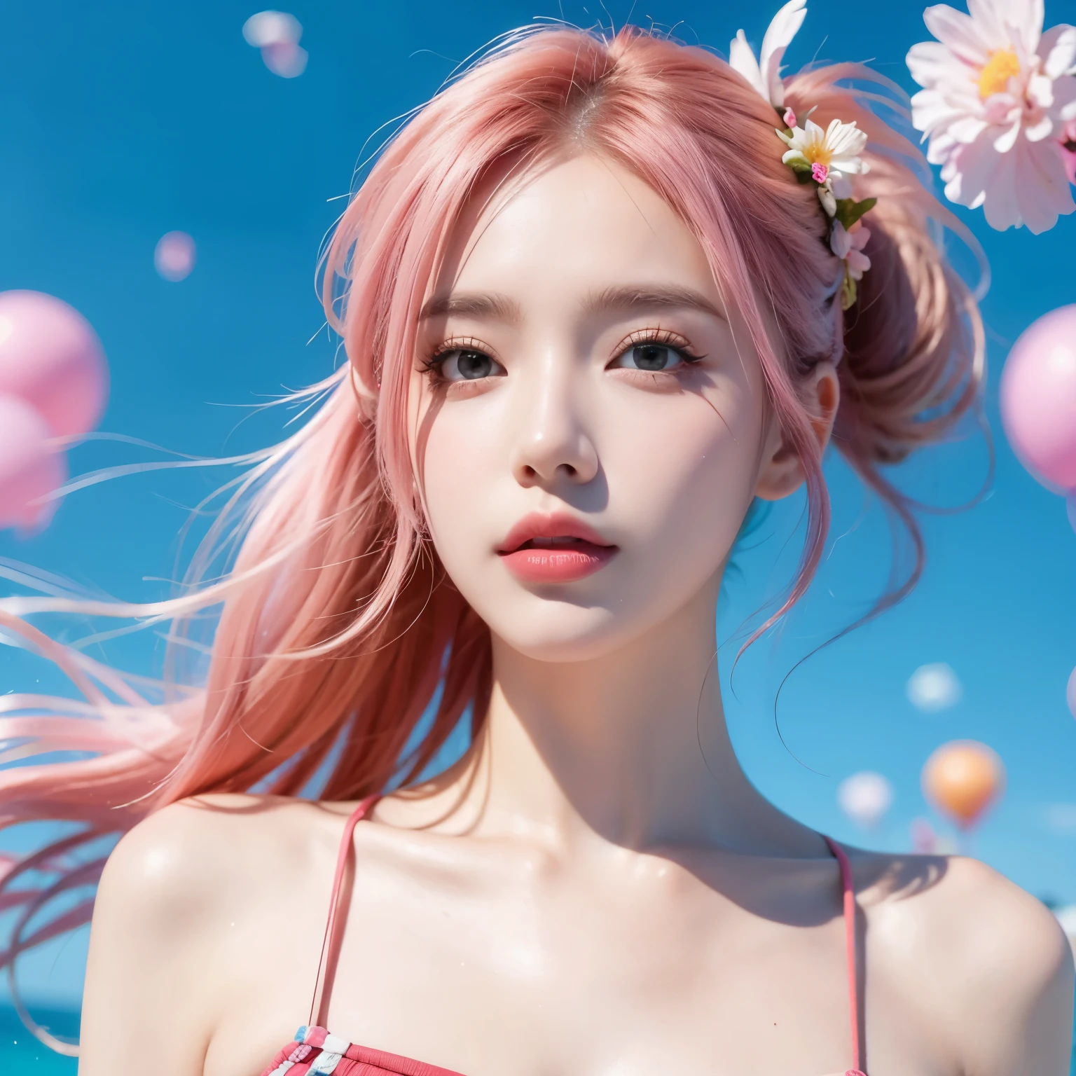  beautiful and detailed eyes , Beautiful face , floating,(High Saturation),( colorful splash ),Colorful bubbles,(shining),  facial focus, Ponytail,Bangs, Hair band, Floating flowers , Floating hair, (shining), Optimal lighting,  BEST SHADOW ,Pink hair，Red lipstick