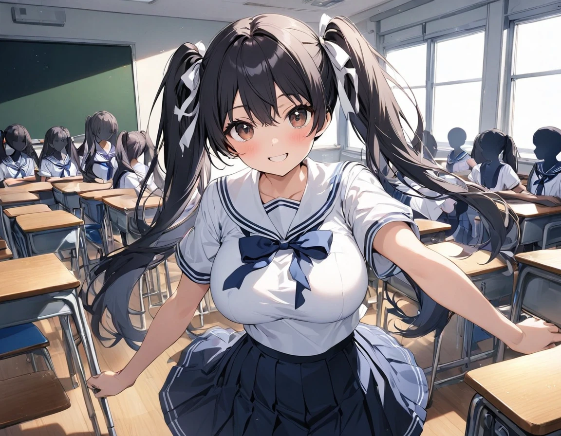 The background is a school classroom in front of a blackboard with desks, chairs, and windows arranged in the same direction, a dark blue high school girl with dark hair :1.3( twin tails:1.3)A dark blue high school girl with middle hair, brown eyes, large white ribbon breasts, and large :1.2 thick legs for summer(White collar:1.2)Short-sleeved white summer sailor suit :1.Navy blue wearing 3 :1. 3 high school girl in a dark blue pleated skirt and she is smiling happily surrounded by multiple classmates ((My classmate is a dark blue high school girl with a silhouette expression :1.3))