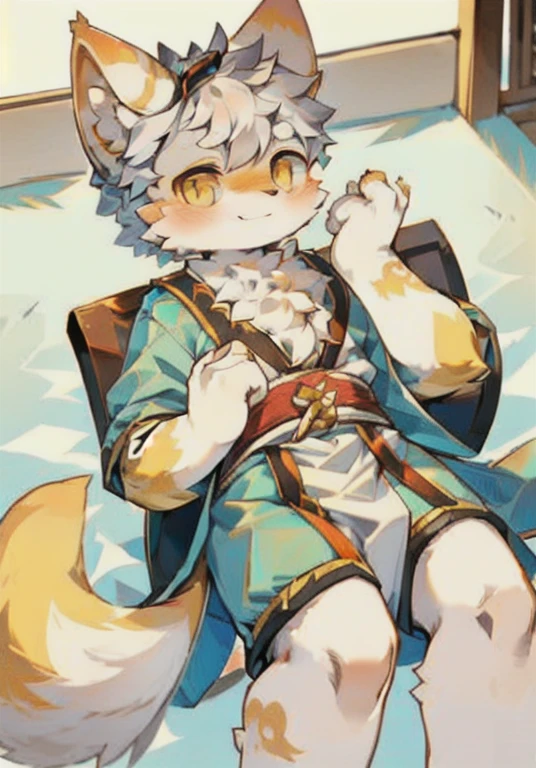 Cat Boy，Q version，Lovely， all over the body ， big furry tail ，Orange-white fur ，Silver Hair， sparkling golden eyes，Hanfu，Chinese palace，blush， Smile，