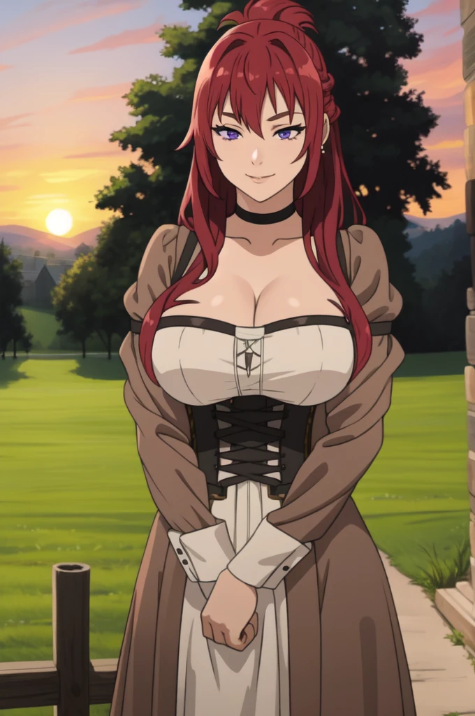 best quality, (masterpiece:1.2), detailed,
1girl, solo, smile,
long hair, red hair, purple eyes, Big breast,Cleavage,Chocker,Curl hair, Gorgeous and sultry busty athletic (thin) peasant with sharp facial,rough-spun grey and brown medieval dress, long sleeves, wide neck, long dress, tight bodice, corset, Middle Ages, cottage, farm, exterior, trees, countryside, evening, sunset,red Lipstic,Wedding ring,Stud earring