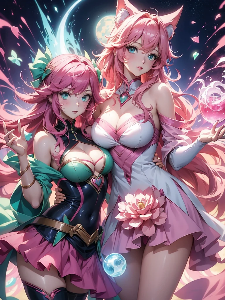 anime characters with pink hair and blue eyes are posing for a photo, Anime Girls, two beautiful Anime Girls, anime!!!!!!!!!!!!!!!, Macross frontier splash art, green and pink, Macross frontier, clube de literatura dooki, macross delta, anime style art, Haruno Sakura, rosa e verde, detailed anime art, anime style artwork
