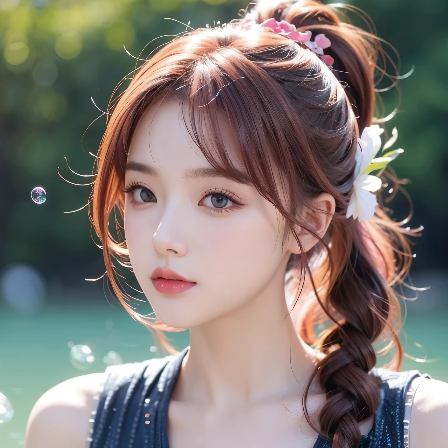  beautiful and detailed eyes , Beautiful face , floating,(High Saturation),( colorful splash ),Colorful bubbles,(shining),  facial focus, Ponytail,Bangs, Hair band, Floating flowers , Floating hair, (shining), Optimal lighting,  BEST SHADOW ,Pink hair，Red lipstick