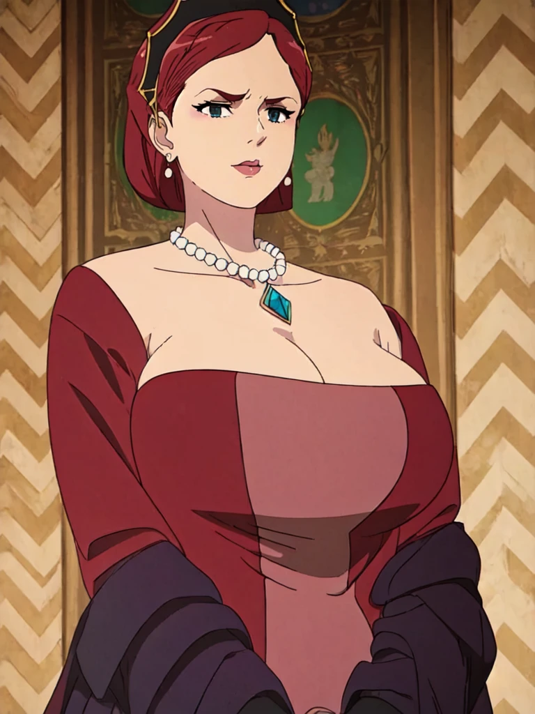 ((Farmer outfit with cleavage)), maroon hair, Gilf, busty, huge, cleavage, detailed, upperbody, wringkle skin,Sagging breast,Fullbody view,wedding ring,Smile,((Wedding Ring)),Detailed body,Hyper Quality,Sign of Aging,Curvy figure,Bloated belly,Skindentation,Wringkle in face,Gorgeous and sultry busty athletic (thin) peasant with sharp facial features wearing a modest updo, messy bun, medieval cap, (wimple), shawl, coarse wool dress, rough-spun grey and brown medieval dress, long sleeves, wide neck, long dress, tight bodice, corset, Middle Ages, cottage, farm, exterior, trees, countryside, evening, sunset,blue drop earring,Wedding ring,slicked bang hair,Solo,1girl,Eyeshadow,Heavy make up,Long nail,Many jewel rings,Madam,Matured women