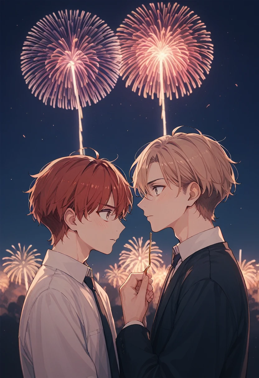 There are 2 men 。 The man is a tall, dark-haired teacher who bowed and held out his hand to confess his love。 The situation is a first date between men 。 The scene is a confession of love with fireworks in the background 。High quality anime illustration 。 The colors are dramatic production that emphasizes contrast 。