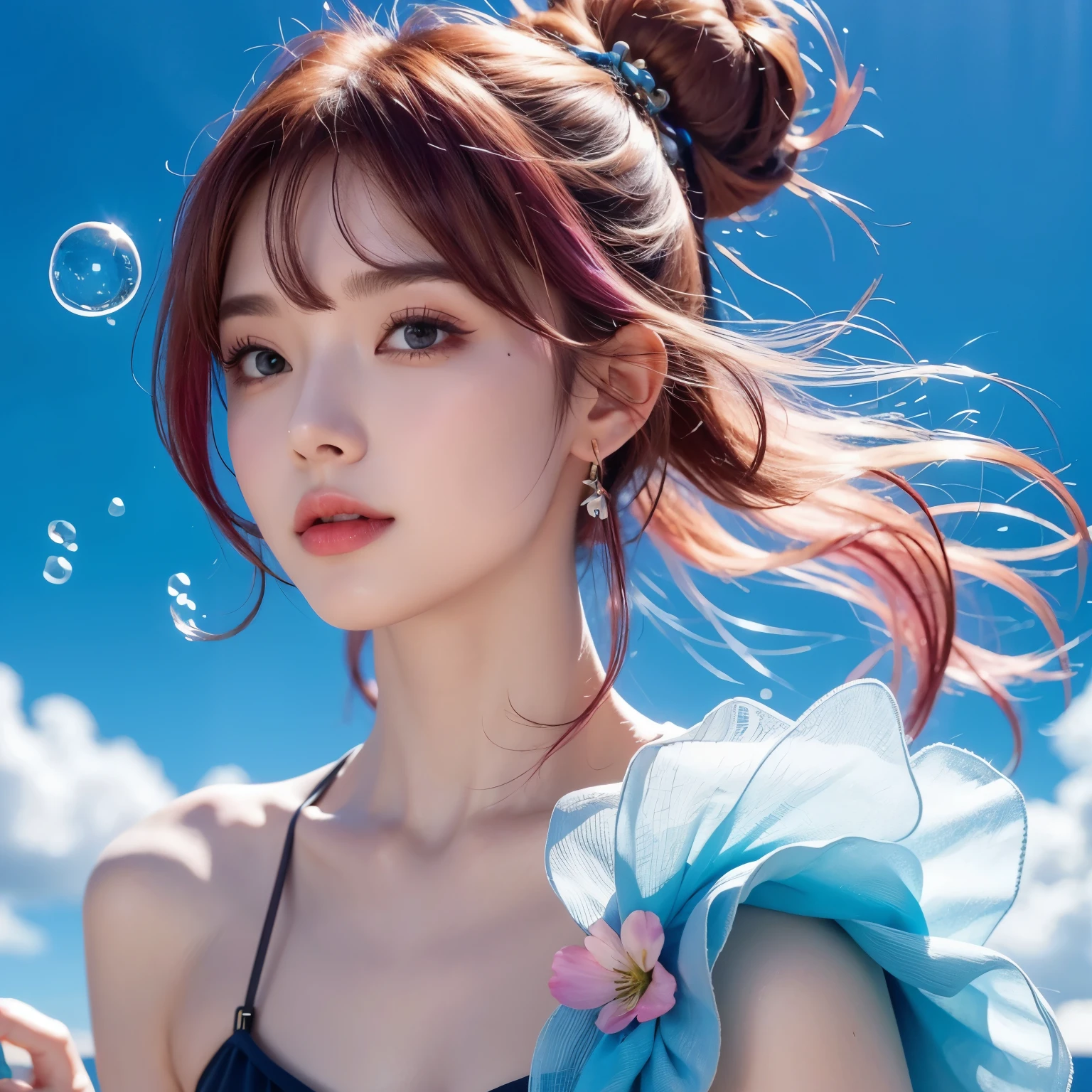  beautiful and detailed eyes , Beautiful face , floating,(High Saturation),( colorful splashes),Colorful bubbles,(shining),  facial focus, Ponytail,Bangs, Hair band, Floating flowers , Floating hair, (shining), Optimal lighting,  BEST SHADOW ,Pink hair，Red lipstick，beautiful hair accessories，blue earrings 